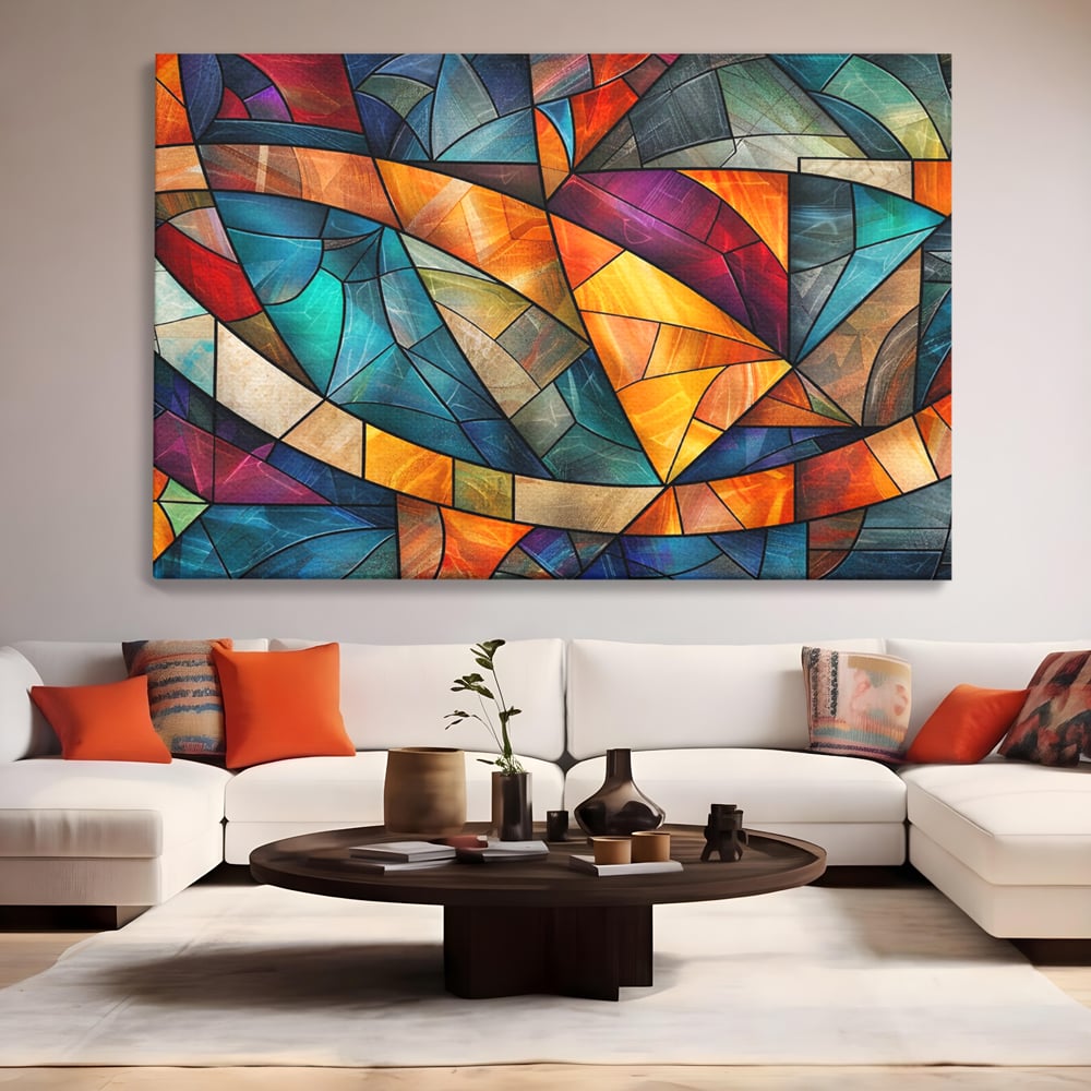 Tablou canvas cu tablou canvas cu mozaic geometric colorat, fara rama, pe sasiu de lemn, pe perete intr-un living